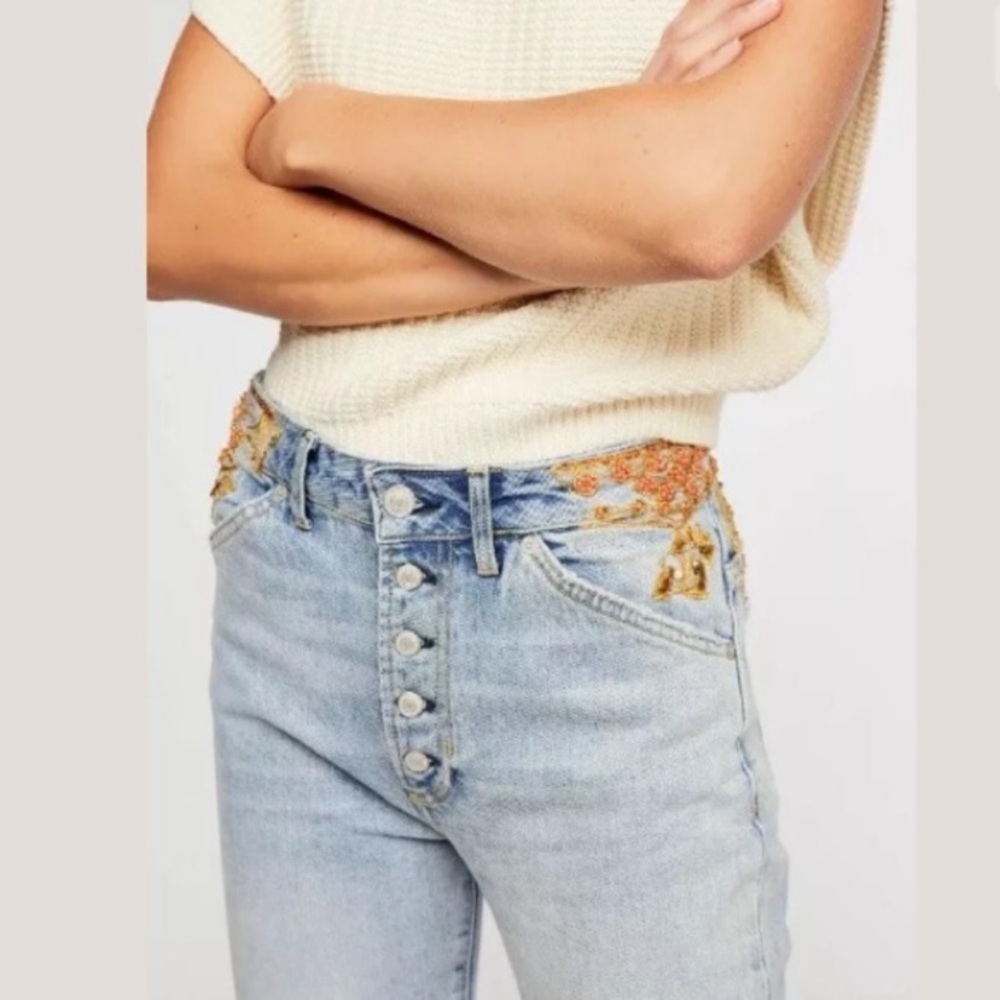 Novelty straight leg beaded jeans